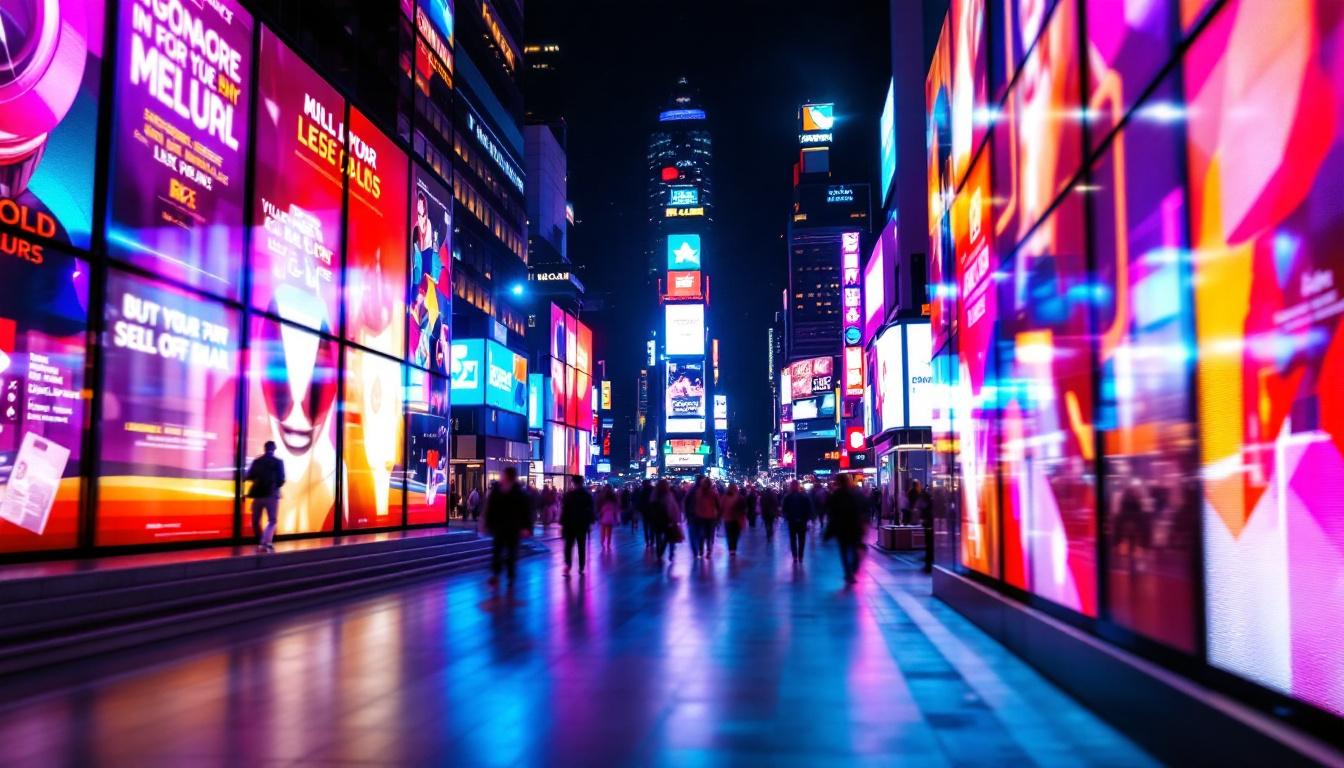 A photograph of a vibrant led display showcasing dynamic square advertisements in an urban setting