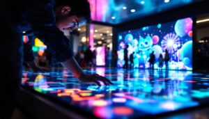 A photograph of capture a photograph of a vibrant interactive floor screen in use