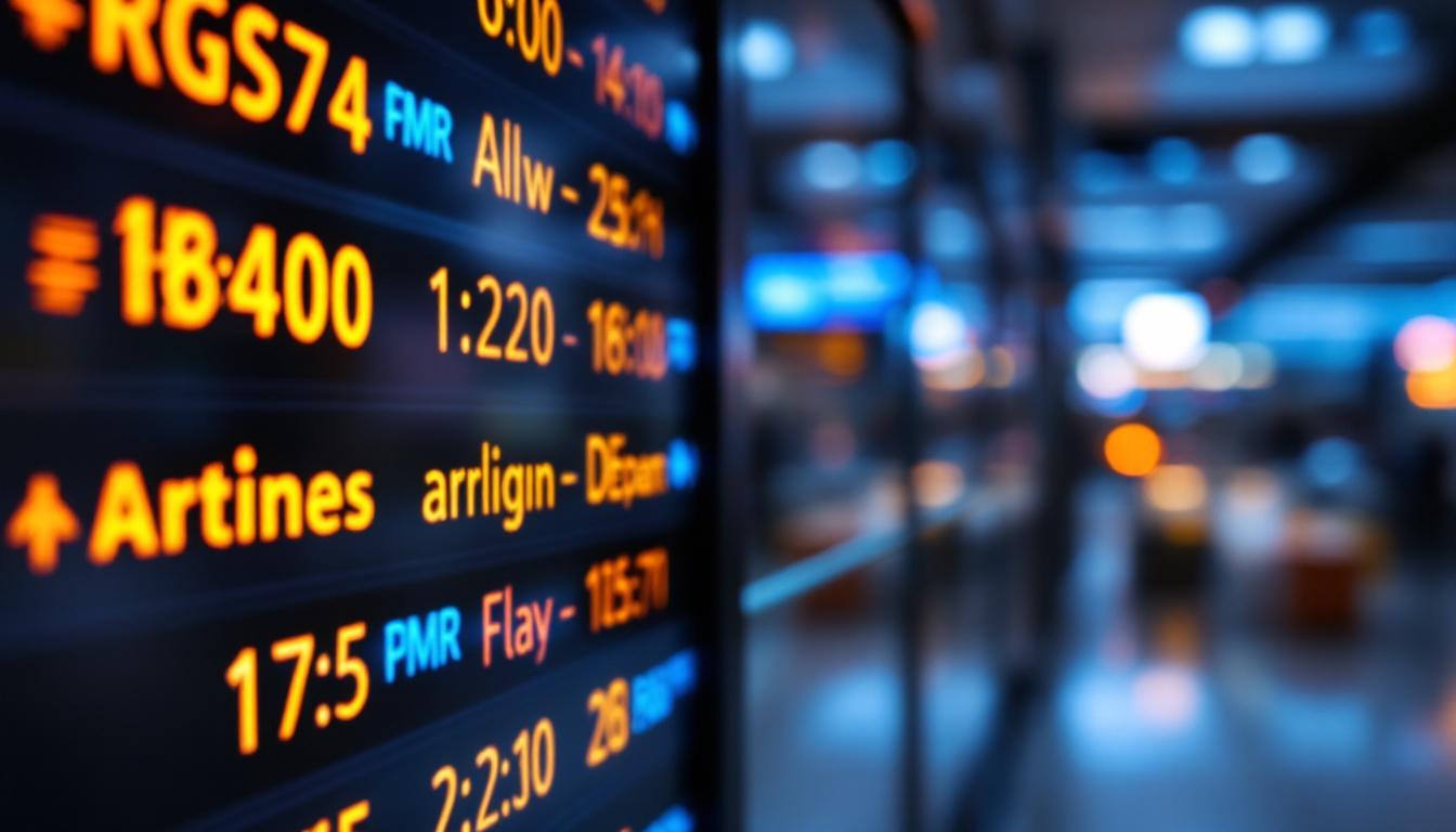 A photograph of a close-up shot of a flight information display board featuring vibrant led lights