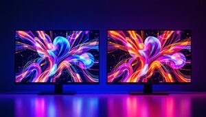 A photograph of a side-by-side comparison of an led display and an lcd display