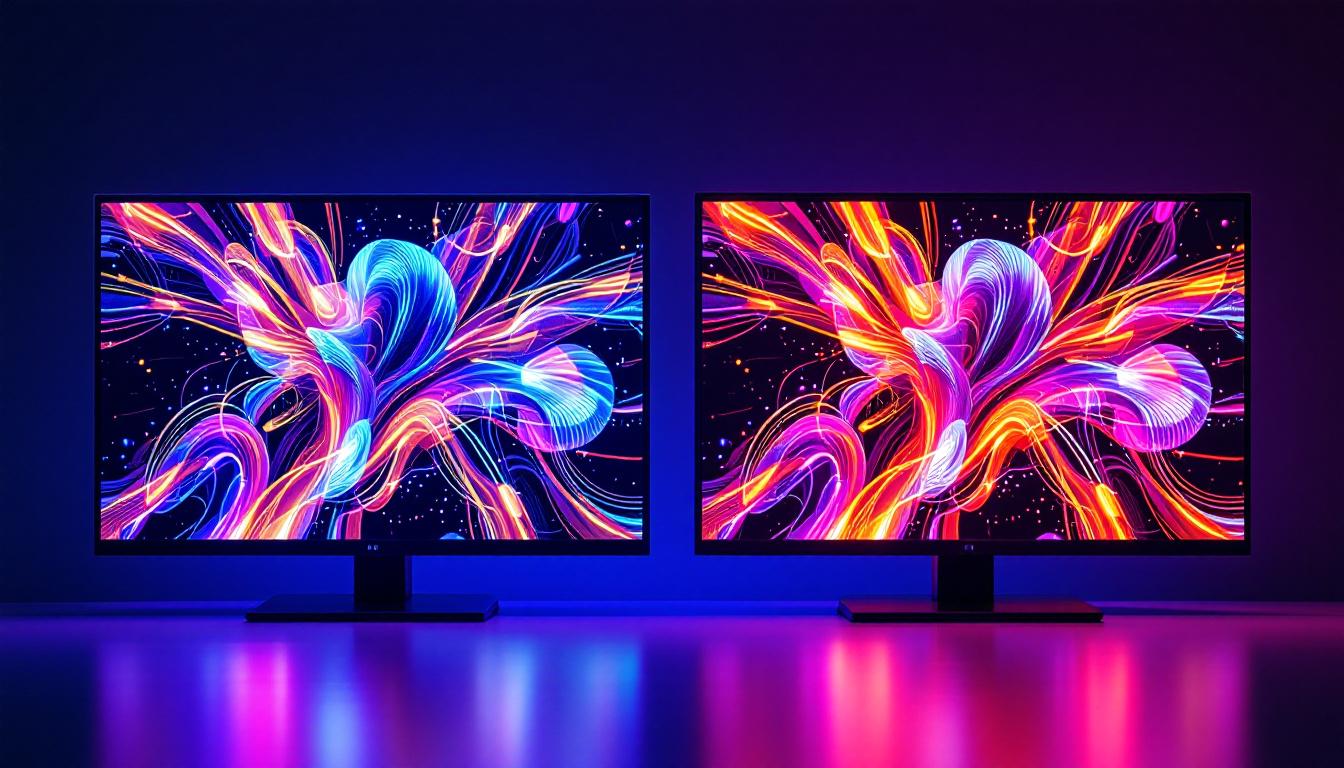 A photograph of a side-by-side comparison of an led display and an lcd display