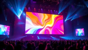 A photograph of a vibrant jumbotron led display in action at a lively event