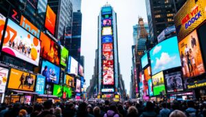 A photograph of capture a photograph of a vibrant times square scene featuring a prominent led billboard displaying dynamic advertisements