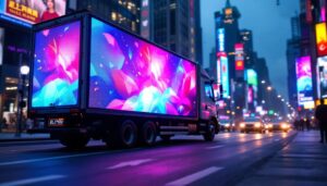 A photograph of a vibrant led truck screen displaying dynamic visuals in an urban setting
