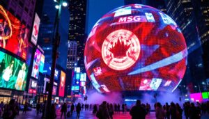 A photograph of capture a photograph of the msg sphere showcasing its vibrant led display in action