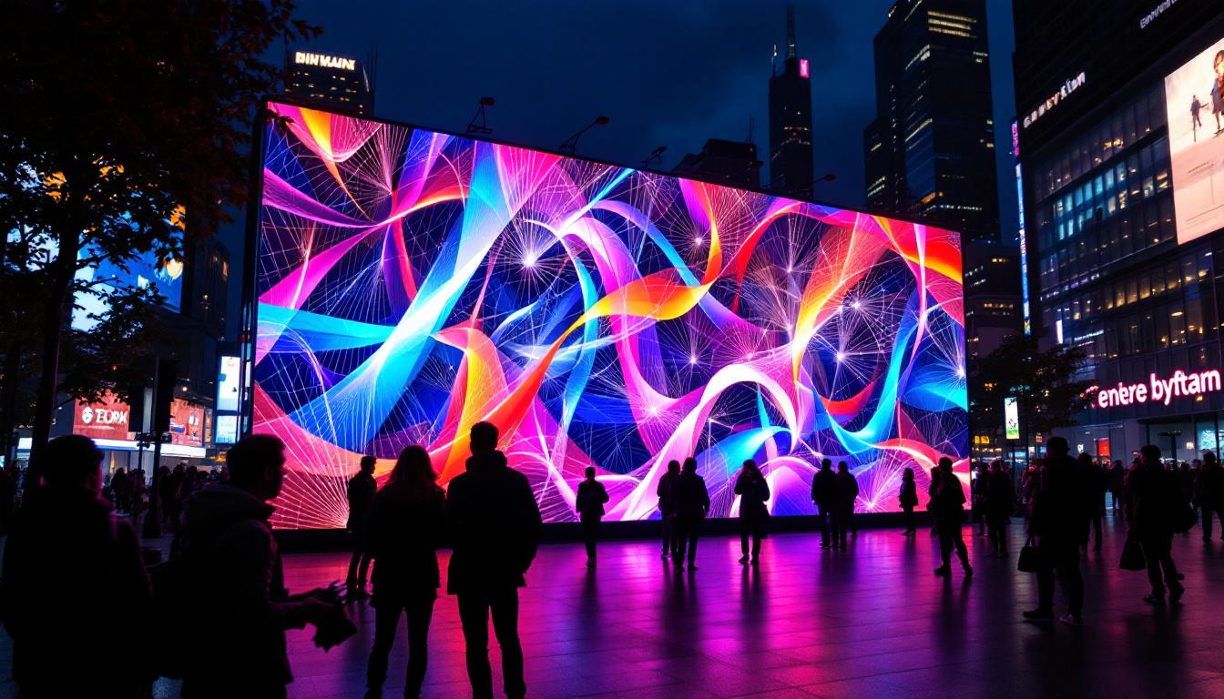 A photograph of capture a photograph of a vibrant led display in a dynamic urban setting