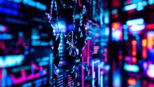 A photograph of a close-up shot of a broken led screen displaying distorted images and vibrant colors