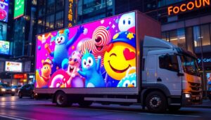 A photograph of a vibrant truck billboard featuring a dynamic led display in a bustling urban environment
