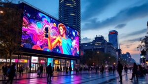 A photograph of a vibrant outdoor led display at dusk