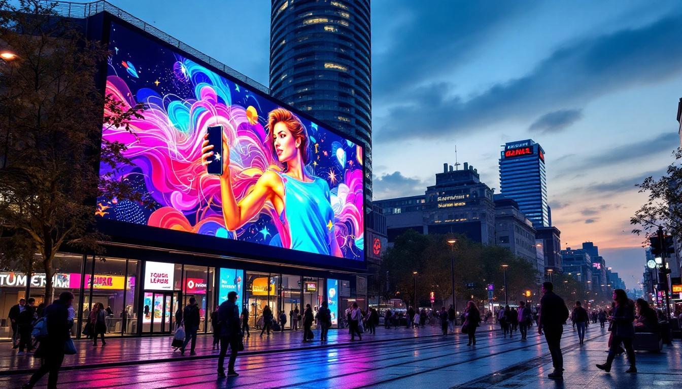 A photograph of a vibrant outdoor led display at dusk