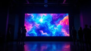 A photograph of a vibrant led screen displaying dynamic visuals in a dimly lit environment
