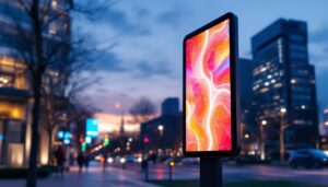 A photograph of a modern smart light pole featuring an led display
