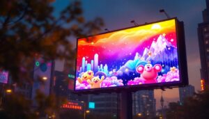 A photograph of a vibrant chinese billboard featuring a dynamic led display