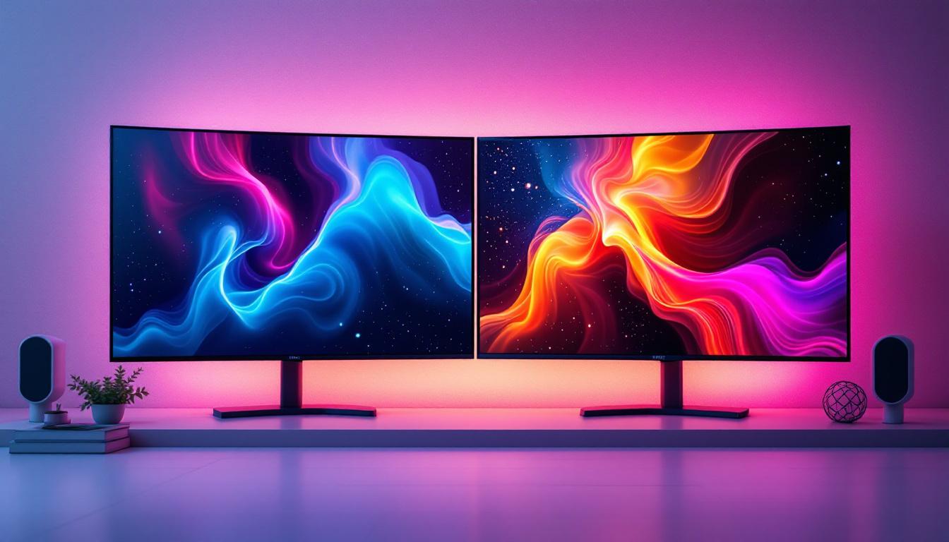 A photograph of a side-by-side comparison of an lcd and an led screen displaying vibrant images