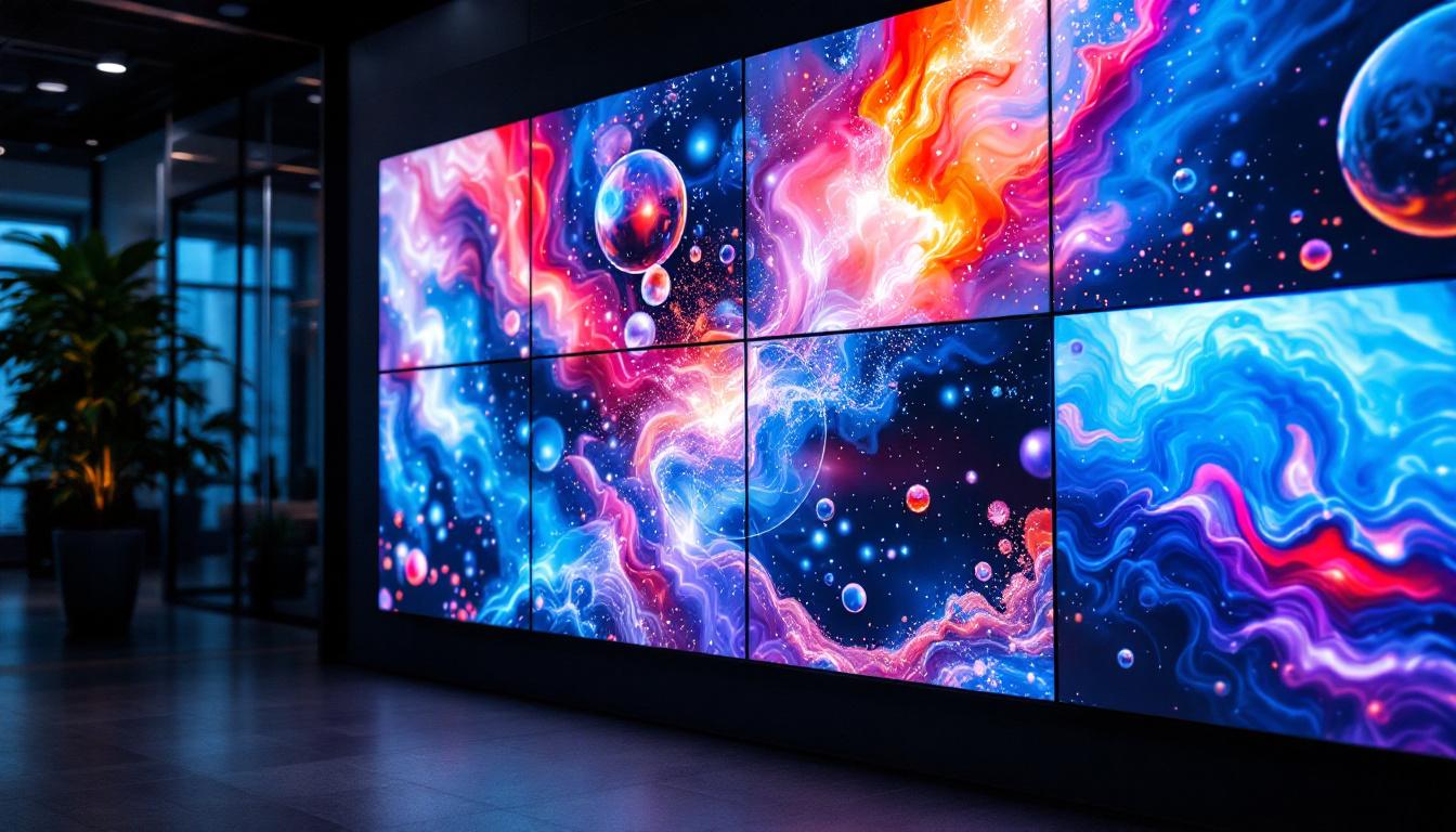 A photograph of a vibrant video wall display in a modern setting
