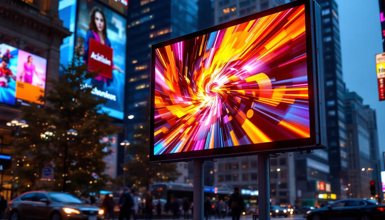 A photograph of a vibrant digital billboard displaying dynamic advertisements in an urban setting