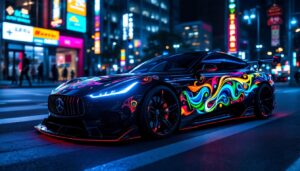 A photograph of capture a photograph of a sleek car showcasing vibrant custom led panels illuminated at night