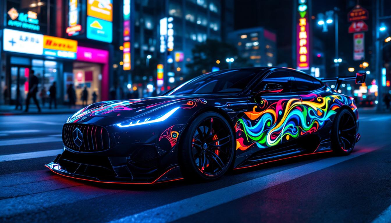 A photograph of capture a photograph of a sleek car showcasing vibrant custom led panels illuminated at night