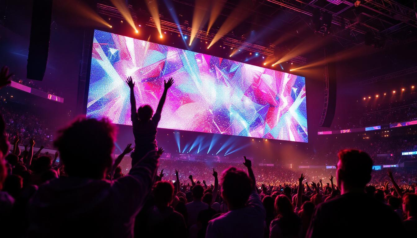 A photograph of a vibrant led display in a stadium