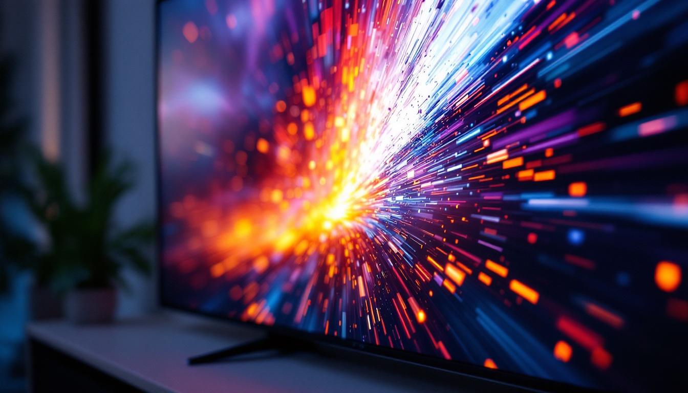 A photograph of a close-up of a tv screen displaying vibrant motion graphics or fast-paced action scenes