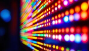 A photograph of a close-up view of a vibrant led display in a dark environment