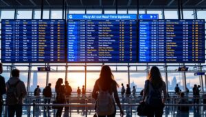 A photograph of a vibrant airport led display board showing flight information