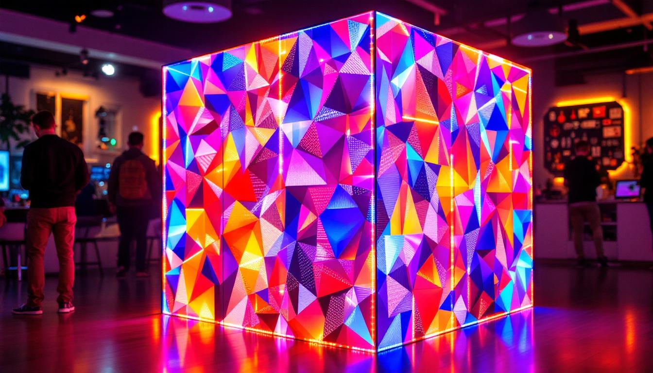 A photograph of capture a photograph of a vibrant 3d cube led display in an engaging setting