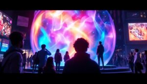 A photograph of a vibrant round led display in an urban setting