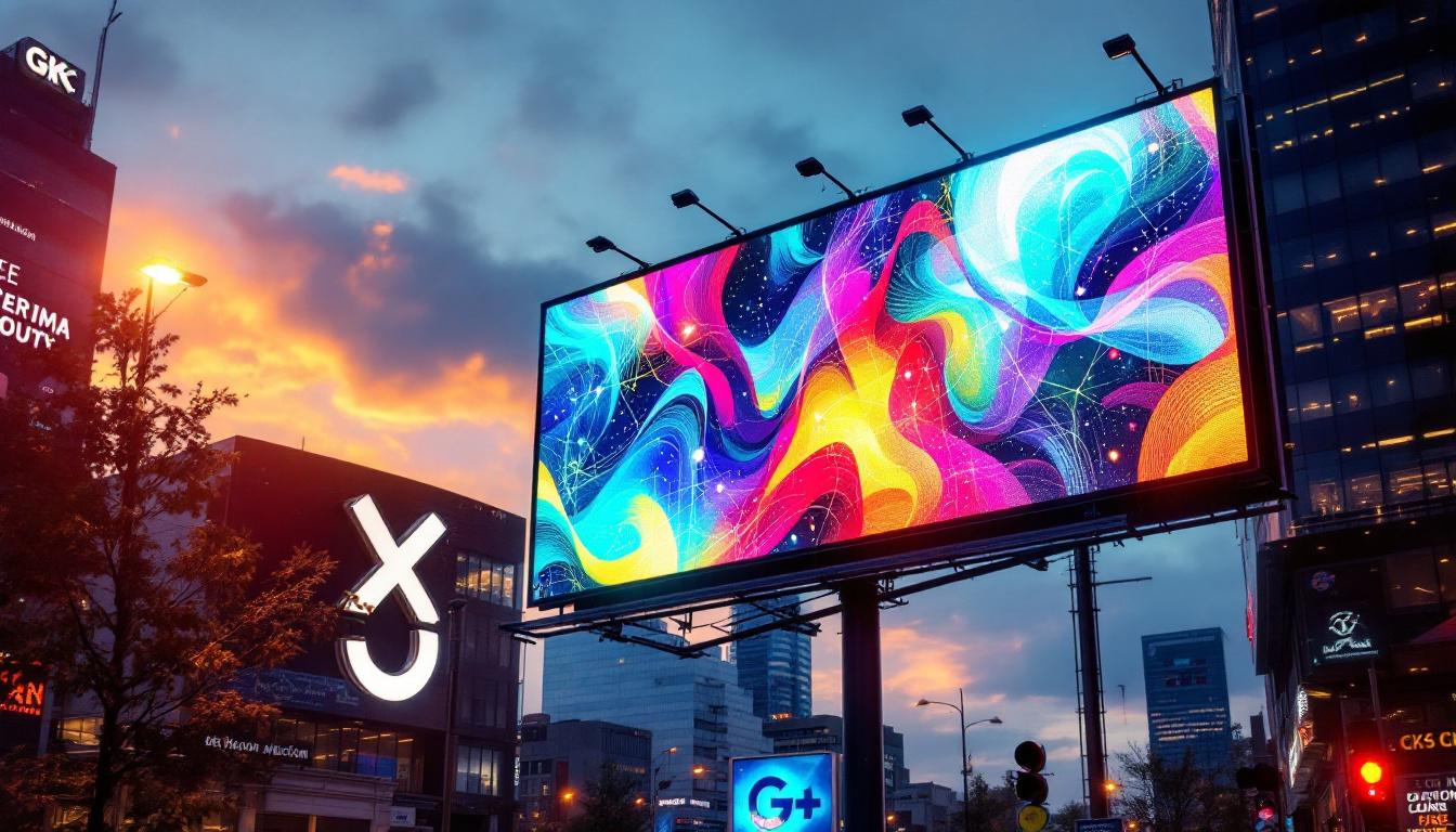 A photograph of a vibrant led billboard in an urban setting at dusk