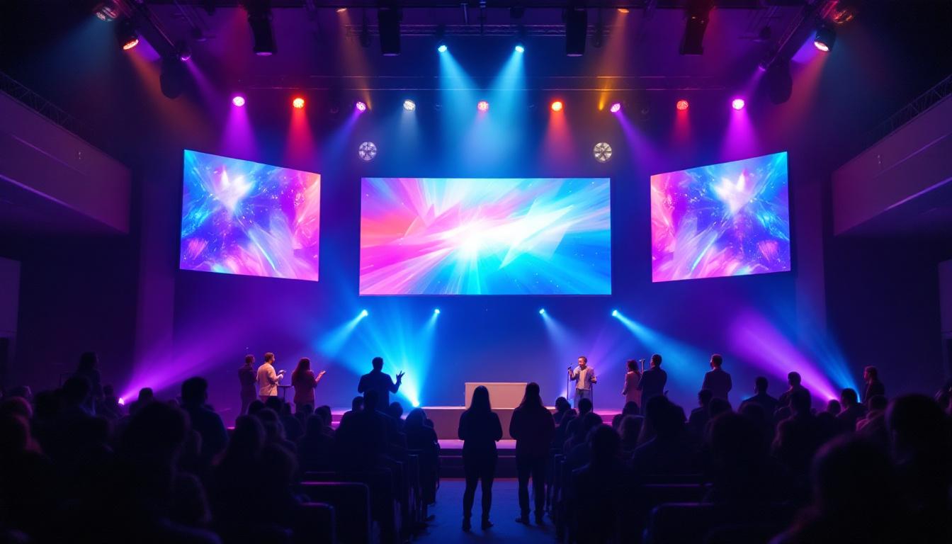 A photograph of a vibrant led display in a church setting