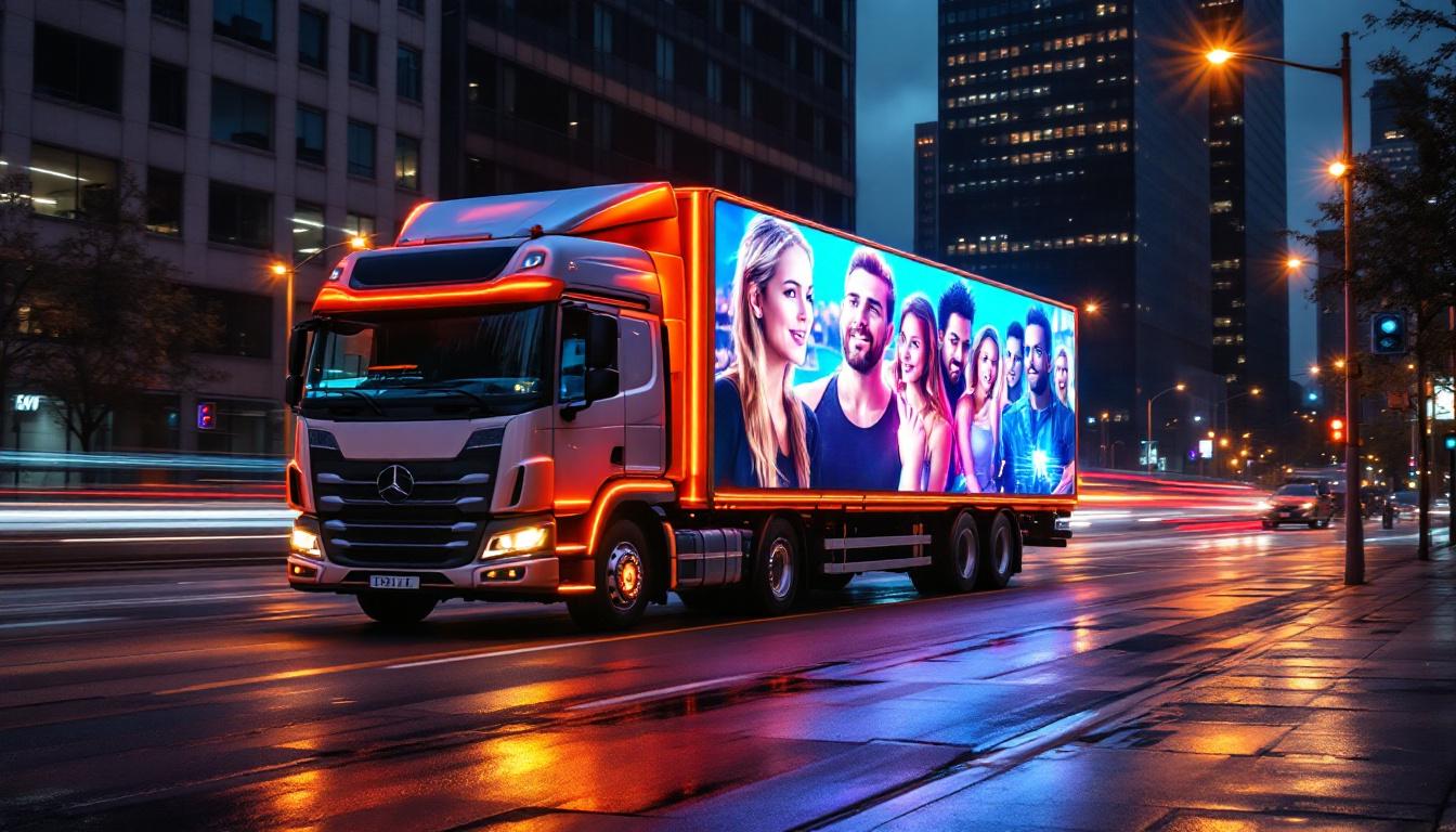 A photograph of a truck prominently featuring a vibrant led display