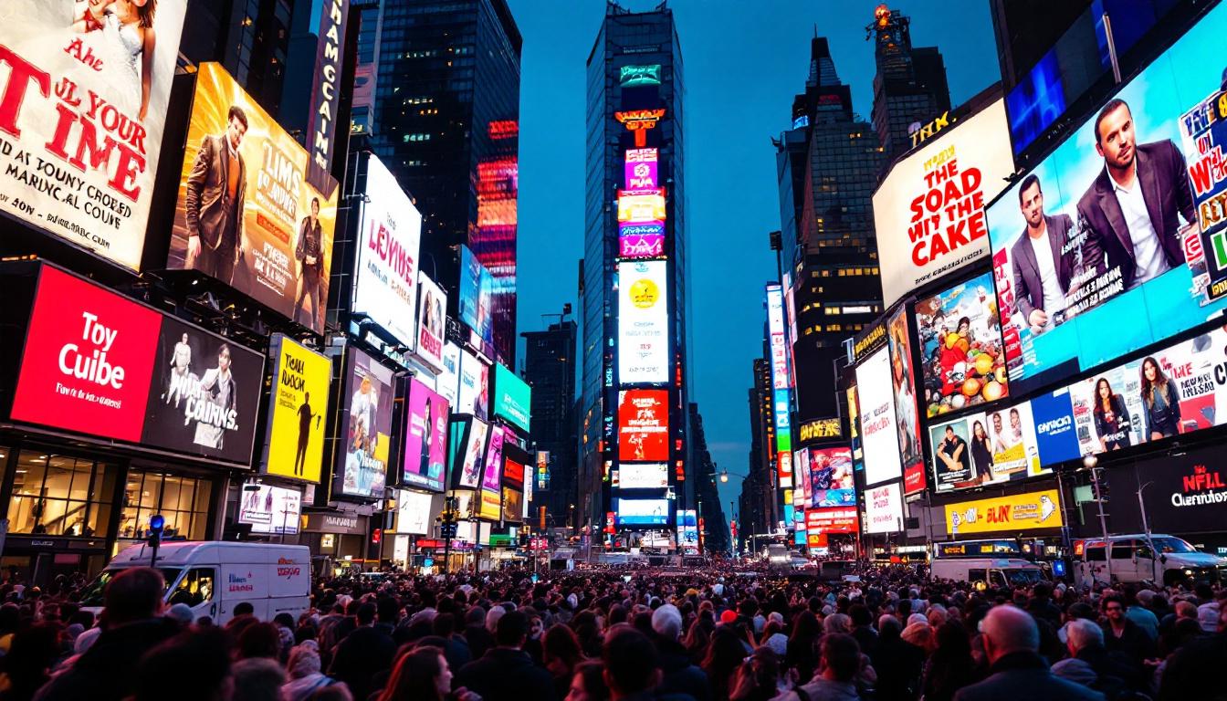 A photograph of capture a photograph of the vibrant led displays in times square at dusk
