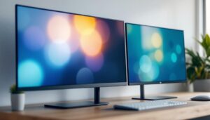 A photograph of a side-by-side comparison of an led display and an lcd screen