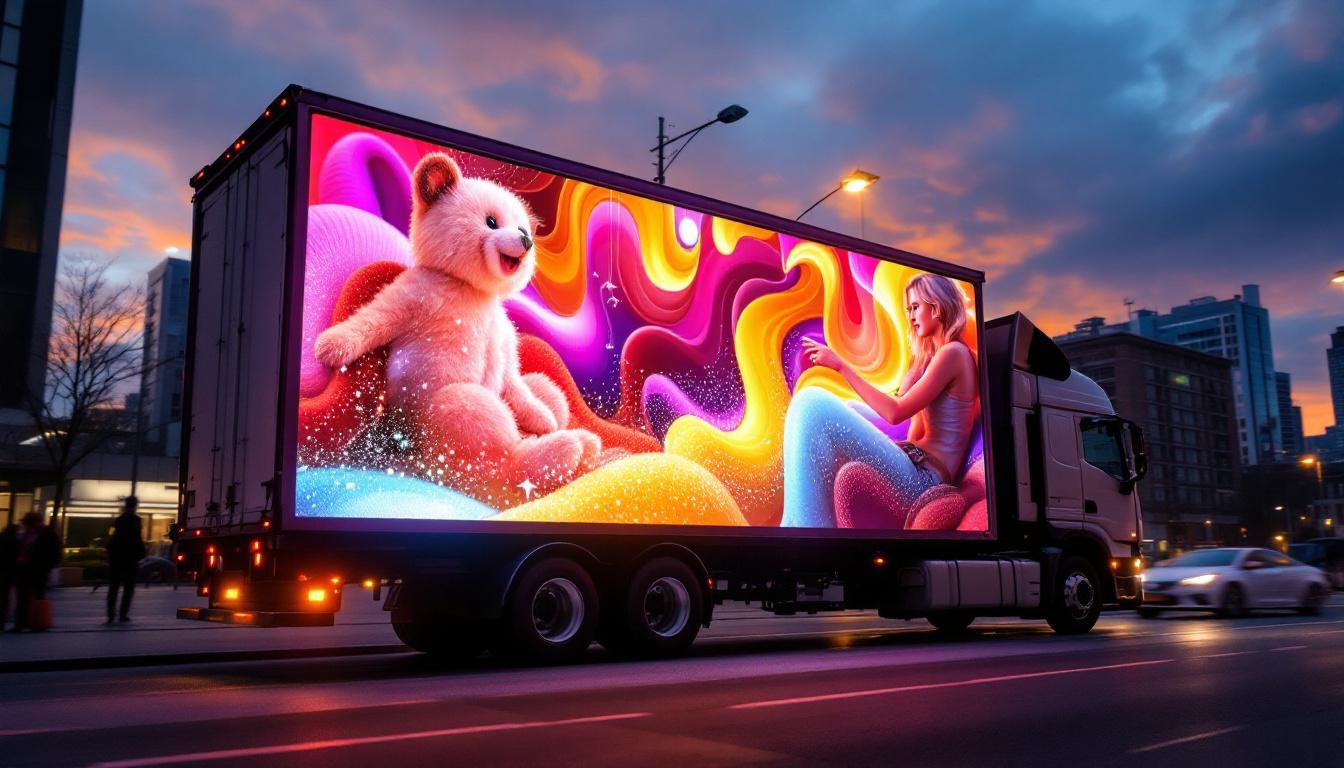A photograph of a vibrant billboard advertising truck with an eye-catching led display in action