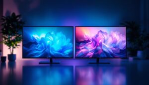A photograph of a side-by-side comparison of an led display and an lcd display