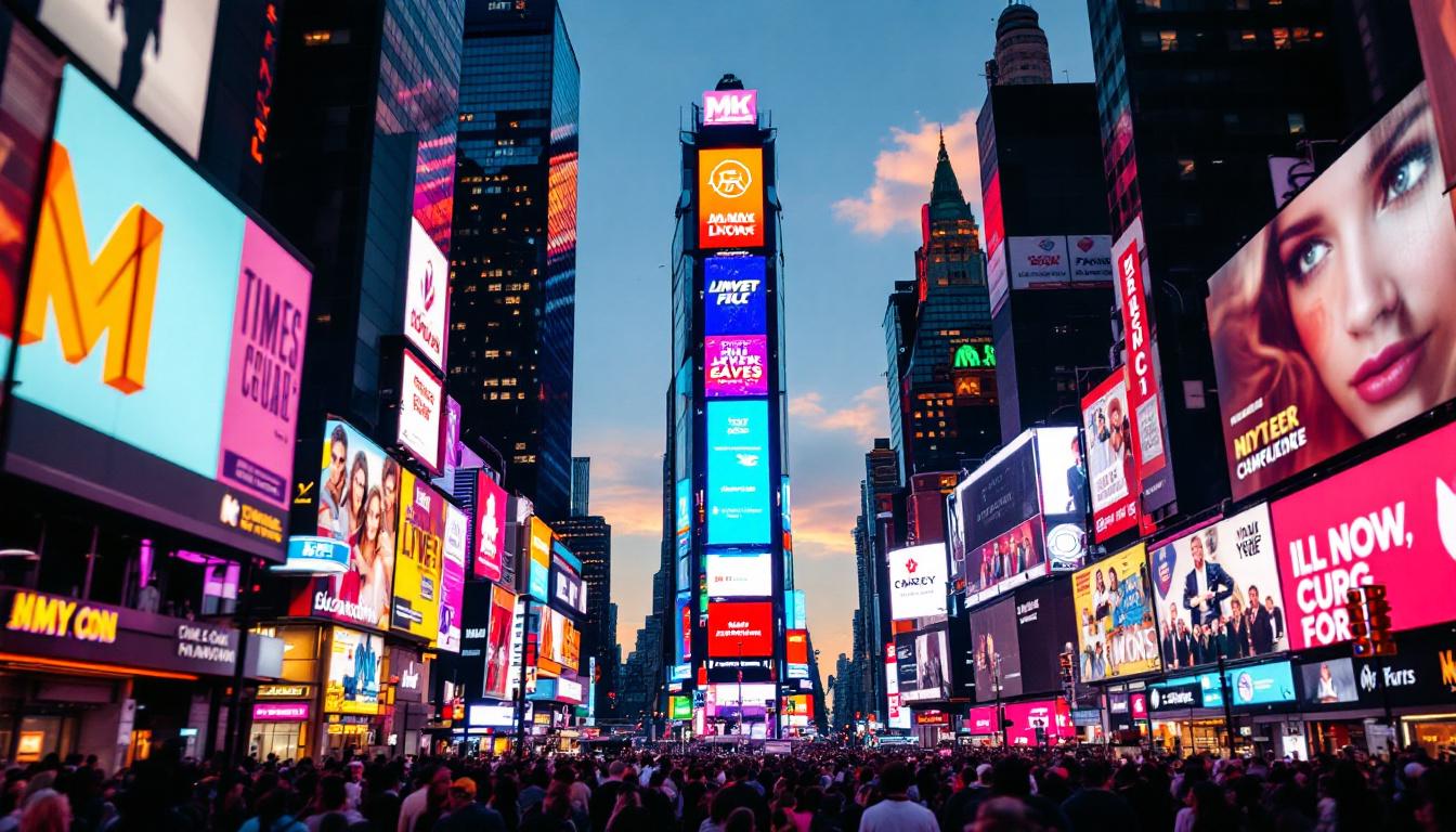 A photograph of capture a photograph of the vibrant times square skyline at dusk
