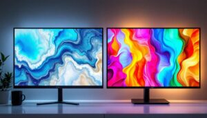 A photograph of a side-by-side comparison of an led display and an lcd display