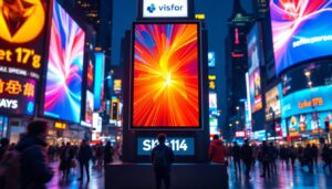 A photograph of a vibrant and dynamic led advertising display in a bustling urban environment