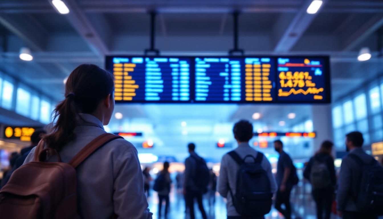 A photograph of capture a photograph of a bustling airport terminal showcasing a vibrant led flight information display board