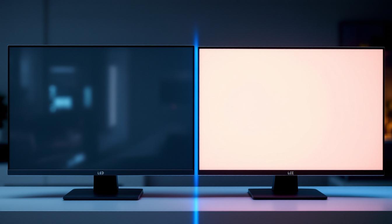 A photograph of a side-by-side comparison of an led display and an lcd display