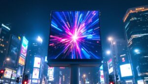 A photograph of a vibrant digital billboard showcasing a dynamic led display in an urban setting