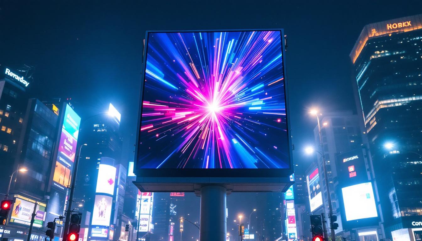 A photograph of a vibrant digital billboard showcasing a dynamic led display in an urban setting