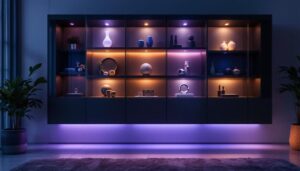 A photograph of a modern wall display cabinet featuring vibrant led lighting that highlights various decorative items