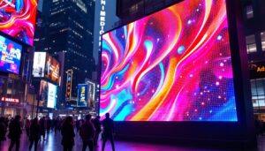 A photograph of a vibrant led digital display sign in an urban setting