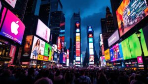 A photograph of capture a photograph of the vibrant led displays in times square at dusk