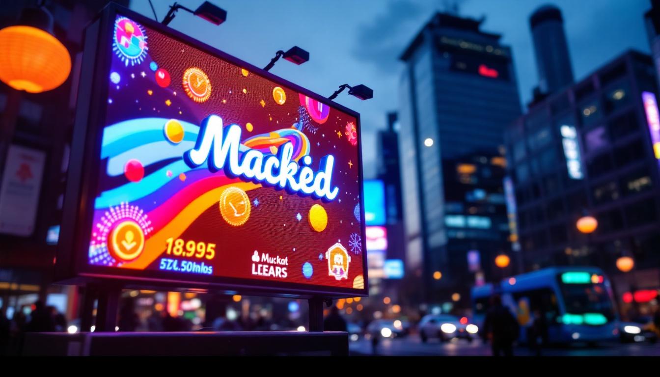 A photograph of capture a photograph of a vibrant outdoor led sign displaying dynamic graphics and text in a bustling urban environment