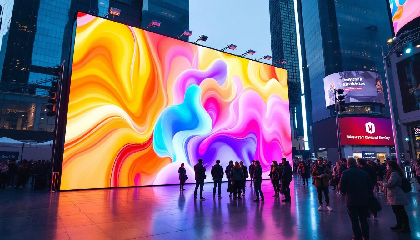 A photograph of a vibrant led display in a bustling urban setting