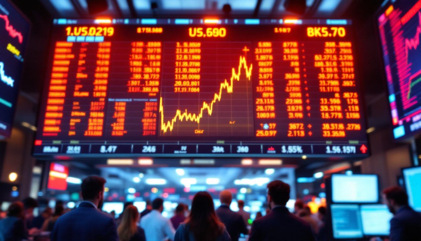 A photograph of a vibrant stock market ticker board displaying real-time financial data