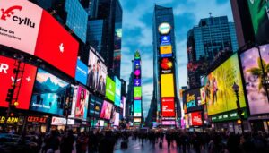 A photograph of capture a photograph of the vibrant led displays in times square at dusk