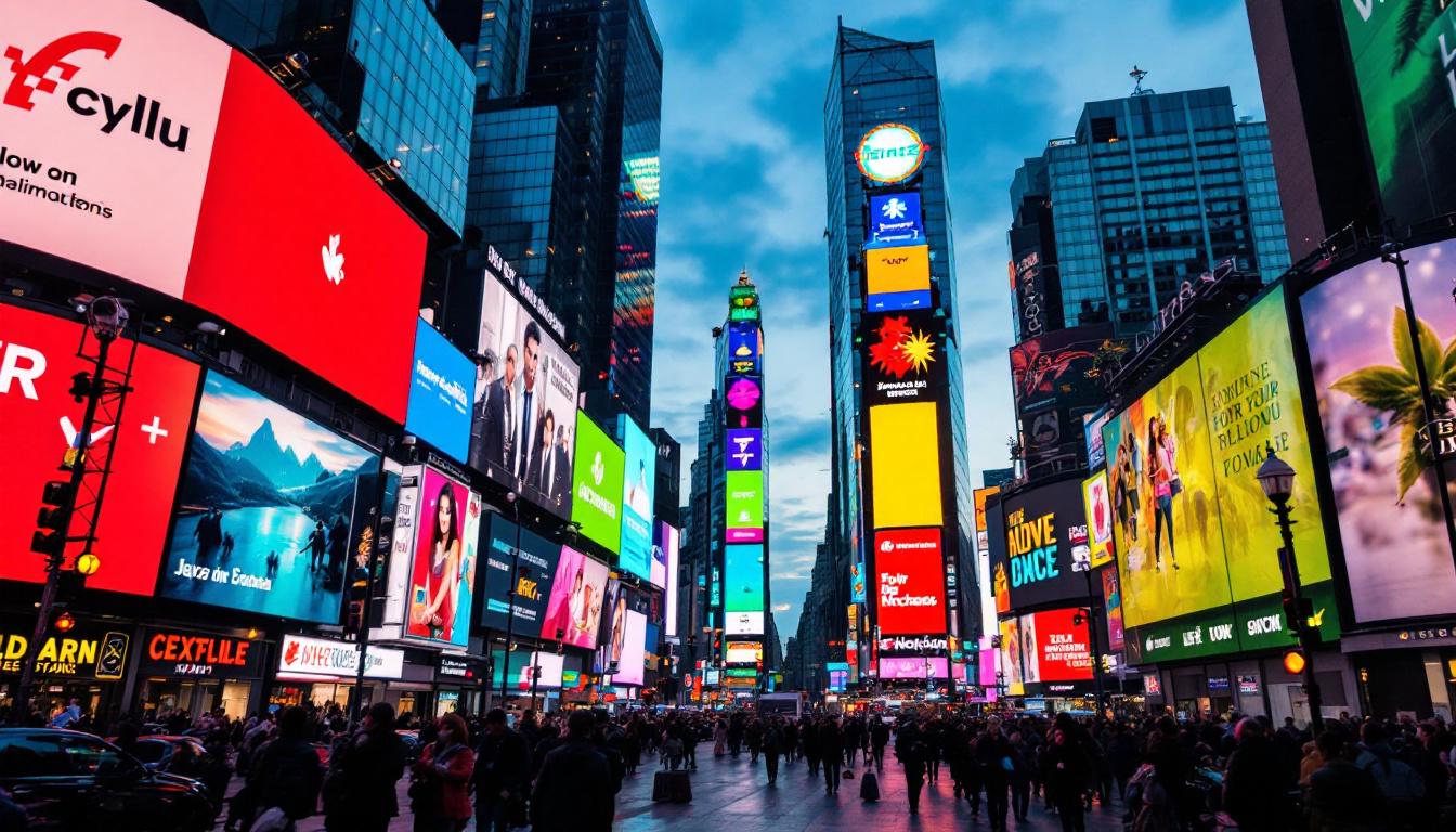 A photograph of capture a photograph of the vibrant led displays in times square at dusk